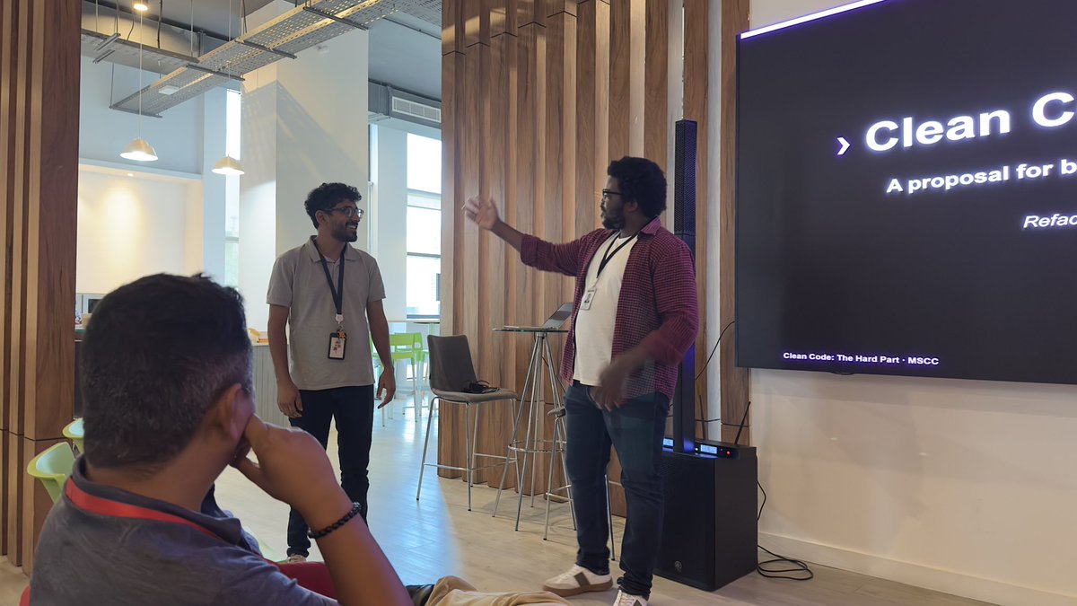 IshSookun's tweet photo. Next, Koffi Eli Kponblanou &amp; Wahid Ousman opened a discussion around “clean code” with a proposal for better software-design and maintainability. MSCC meetup sponsored by Accenture. https://t.co/CFdtsvQChs