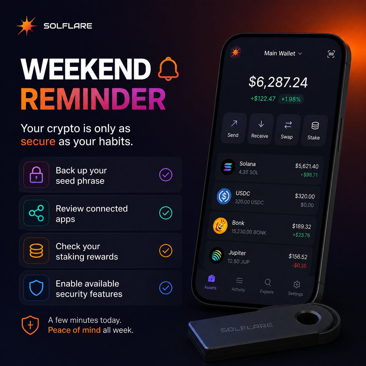 kenny_lord21675's tweet photo. Weekend reminder from the Solflare community ☀️
Your wallet is your gateway to Web3.
Take 5 minutes today to:
🔐 Secure your seed phrase 🔍 Review connected apps ⚡ Stay informed
Small habits make a big difference.
Have a great week guys ✨️❤️
#Solflare #Solana #Web3 🚀 https://t.co/g5ZqvCl5jW