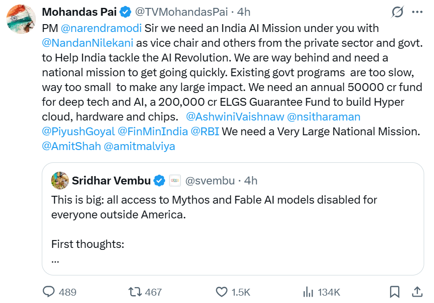 sandeep_PT's tweet photo. Pai now wants Modi and Nilekani to bring a real AI revolution in India!
Modi (RSS) - who have put science in full reverse gear
Nilekani - who fired Vishal Sikka (CEO) who actually got into AI seriously with an OpenAI investment in 2016
Pai himself - constantly communal hate-mongering

Keep dreaming. With these guys, and this revanchist mindset, no pathbreaking change happening.