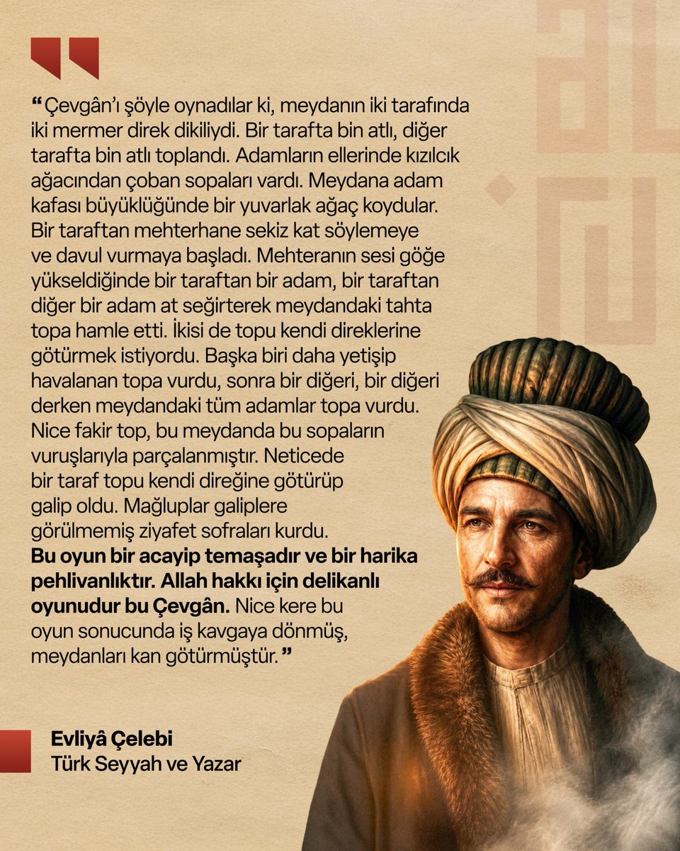 allaturrca's tweet photo. Spora düşkünlük, Türklerin tarih boyunca vazgeçilmezlerindendi. Özellikle sultanlar oyunu olan ve topla oynanan çevgan bizim için milli bir spor olmuştu. 

Bu vesileyle yarın 2026 Dünya Kupası’nda ilk maçını oynayacak Millî Takımımıza başarılar dileriz…🇹🇷 https://t.co/NVCqFiTeZh
