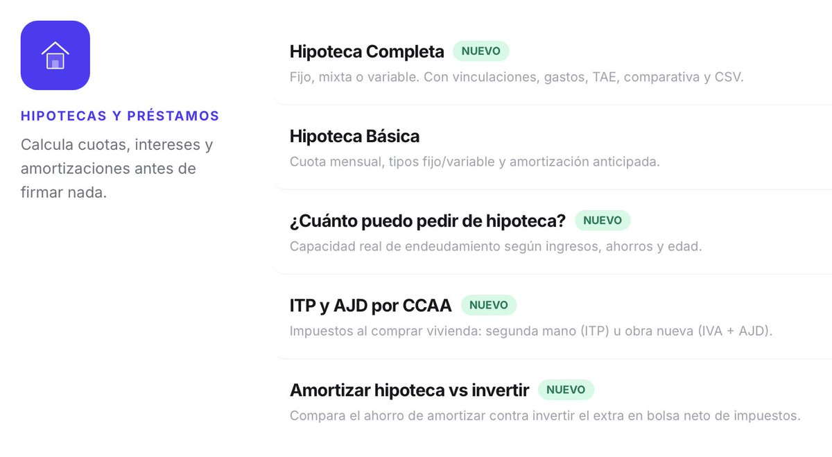 RdInversora's tweet photo. 🏡 Comprar piso no empieza por buscar piso.

Cuánto puedes pagar de verdad
Cuánto cuesta una hipoteca (la cifra que el banco no destaca)
Cuánto te "roba" Hacienda según tu CCAA
Si conviene amortizar después o invertir el dinero

5 calculadoras gratis, una por paso 👇👇