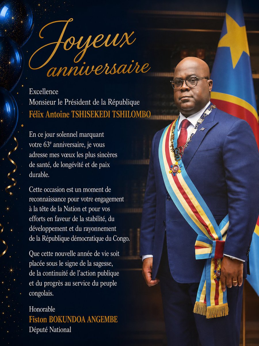 FistonBOKU's tweet photo. 13 juin : 63ᵉ anniversaire

Joyeux anniversaire, Excellence Monsieur le Président de la République, Félix Antoine TSHISEKEDI TSHILOMBO.

Votre engagement à la tête de la Nation mérite reconnaissance et respect.
Que cette nouvelle année soit placée sous le signe de la sagesse et du progrès pour la République démocratique du Congo.

@Presidence_RDC
@fatshi13
#63Ans
#PresidentTshisekedi
#UniteNationale
#DeveloppementRDC
#ProgresPourTous