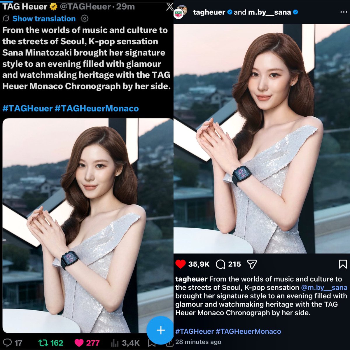 herefor_sana's tweet photo. ENGAGEMENT. ENGAGEMENT. ENGAGEMENT ❤️‍🔥
SANA has made her debut on TAG Heuer’s official account and all we need to do is boost these posts to the highest engagement possible! 

Don’t hesitate to leave some praise for #TAGHEUERxSANA here 🫡👇 https://t.co/VFUeldc8v3