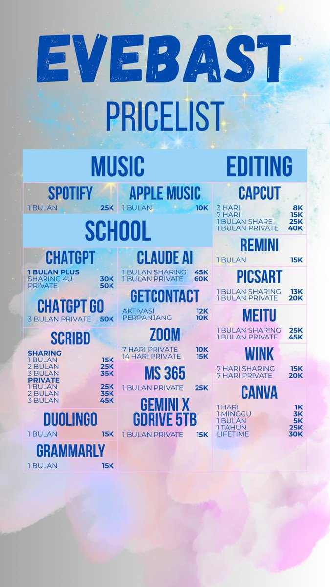 slkowly's tweet photo. Butuh aplikasi premium? Ada Netflix, YT Premium, Spotify, Canva Pro, Disney+, ChatGPT Plus, CapCut Pro dan lainnya ✨

#zonauang #bealanja https://t.co/xlbvHZfVNy