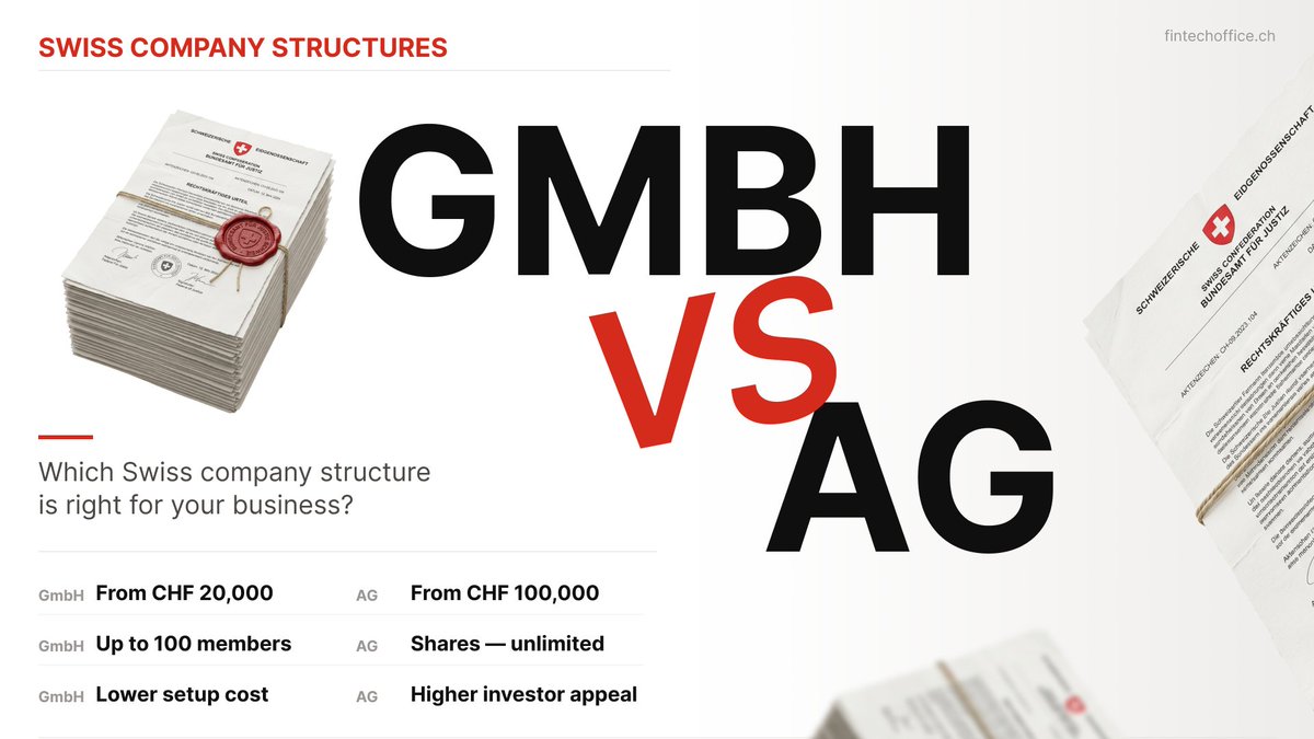 fin_techoffice's tweet photo. GmbH or AG  which Swiss company structure is right for your business?

GmbH from CHF 20,000 lower setup cost, up to 100 members.
AG from CHF 100,000  unlimited shares, higher investor appeal.

The right choice depends on your business model. We can help.
https://t.co/18LsEqPArK https://t.co/rQzAz81CHq