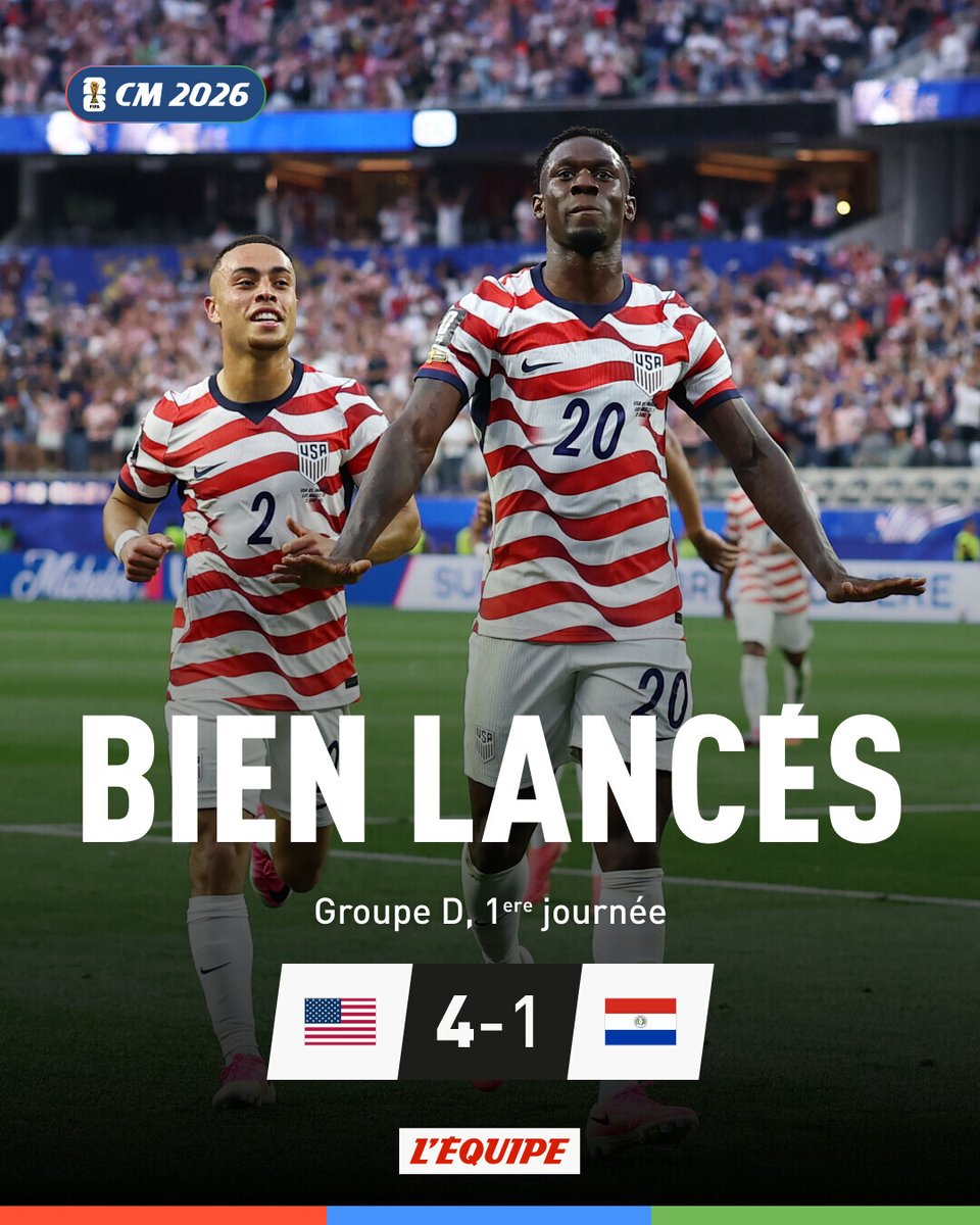 lequipe's tweet photo. Les États-Unis lancent leurs débuts dans la Coupe du monde contre le Paraguay, Folarin Balogun double buteur
➡️ https://t.co/1hjyByi1Do https://t.co/f8nyrYYoAs
