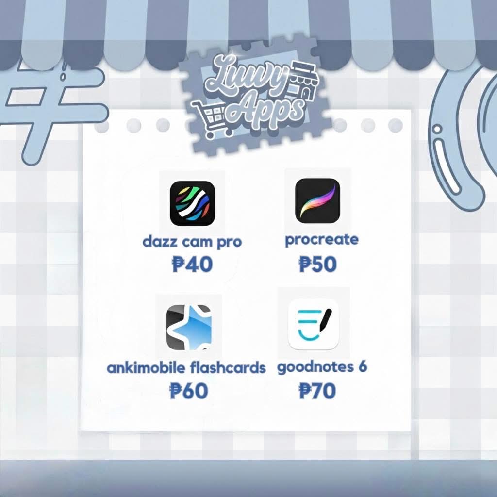 luwyapps's tweet photo. Dazz Cam Pro - P40
GoodNotes 6 - P70 (1-year warranty)
AnkiMobile Flashcards - P60
Procreate for Ipad - P50

DM to order po! https://t.co/PNYAFvAP5l