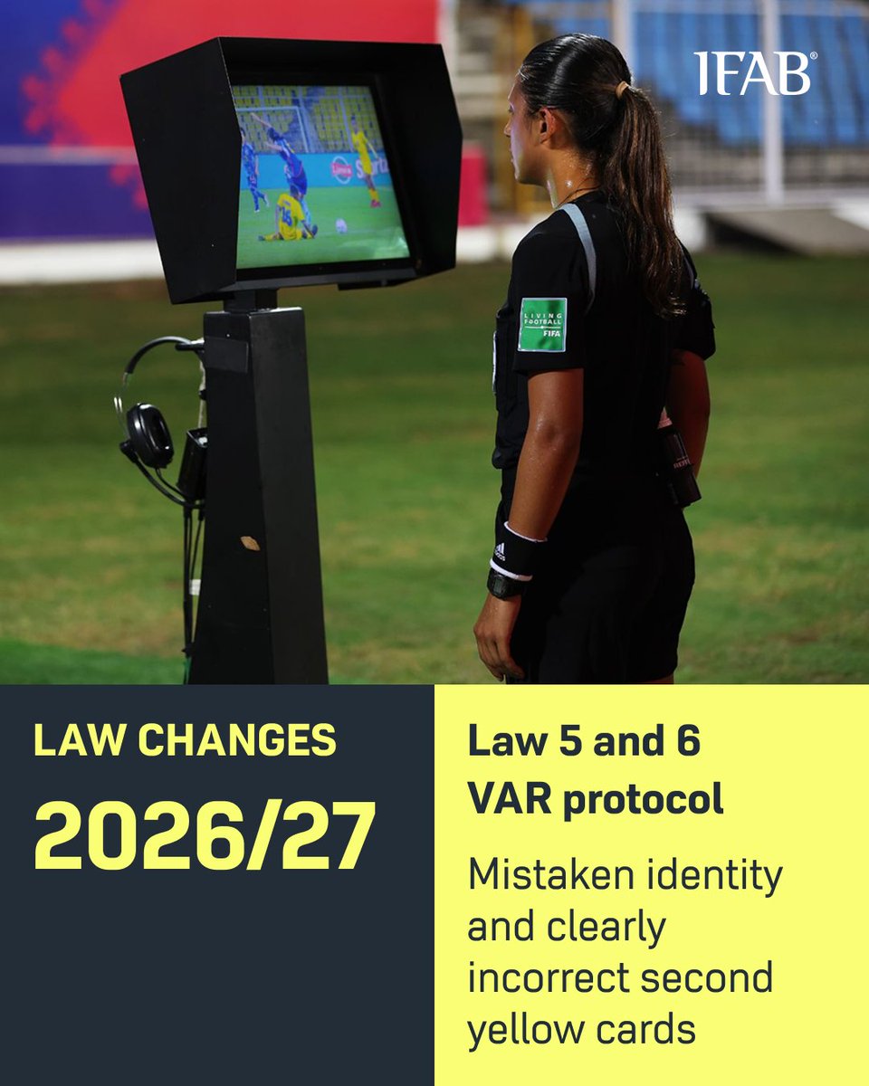 TheIFAB's tweet photo. VAR may now review two infrequent but potentially match-changing decisions/incidents:
➡️ An incorrect red card resulting from a clearly wrong second yellow card
➡️ A player wrongly being shown a yellow or red card when the offence was committed by another player of either team; the offence itself cannot be reviewed except in the context of mistaken identity

Keep up to date with all changes: https://t.co/r8QUTgJU9c

Download the official Laws of the Game app: https://t.co/qdaCeW8Hab