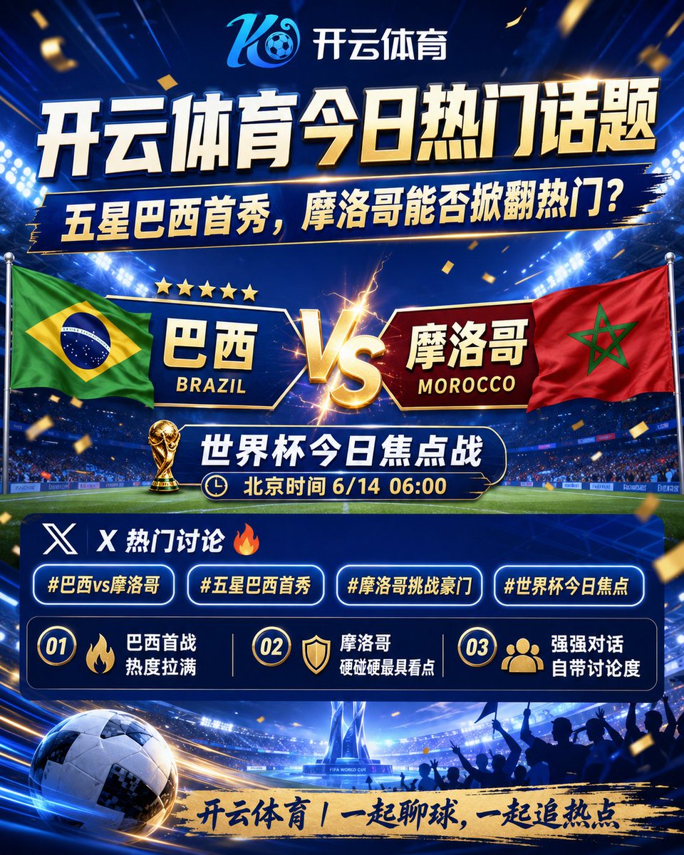 3322New's tweet photo. 巴西 vs 摩洛哥，今天推特上最有话题度的一场！

一个是五星巴西，世界杯流量自带拉满；一个是非洲硬骨头摩洛哥，防守强、反击快，真不是随便能拿下的对手。

这场看点很简单：
巴西能不能首秀踢出冠军相？
摩洛哥能不能继续扮演强队克星？

我更期待的是比赛节奏，一旦巴西前场打开，热度肯定直接冲起来。

开云体育一起聊球，评论区说说你看好谁。

#开云体育 #巴西VS摩洛哥 #世界杯 #世界杯今日焦点 #五星巴西首秀 #摩洛哥挑战豪门