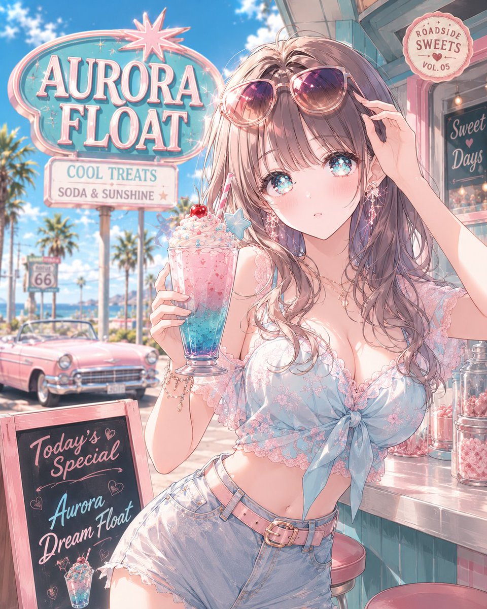 ArtistaNozomu's tweet photo. 🔸ChatGPT image2プロンプト🔸
#のぞむプロンプト

うちの子を
真夏のアメリカにありそうな
レトロなフロート（アイス）広告にしてみた🍨🇺🇸

店名も、味も、看板も
その子に合わせて変わるの楽しい。
これはしばらくシリーズに
したい気もしてます🥰

みんなはどのフロートが好きですか？

詳細はリプ欄にプロンプトあります👇