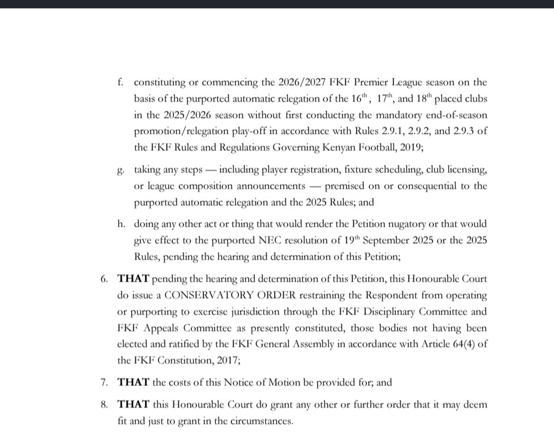 TeyaKevin's tweet photo. The High Court has barred FKF from applying the 2025 rules and from constituting or commencing the 2026/27 season without conducting the mandatory promotion and relegation playoffs, among other directives. https://t.co/RJMtUbYurL