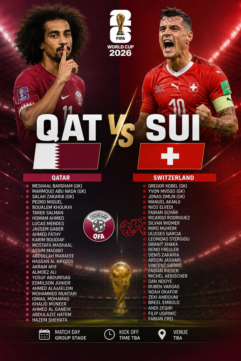 FIFAWC26Updates's tweet photo. Who takes the 3 points today? 🇶🇦🇨🇭
#FIFA https://t.co/KJoFIrIVow