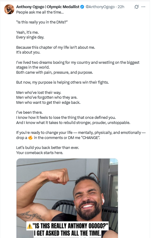 thecoldgun's tweet photo. Just checking in with Anthony “people say I've had more comebacks than the Beatles” Ogogo. He appears to be on some kind of alpha male life coach grift, sliding into your DM's like a Premier League footballer (if you're Bonnie Blue). https://t.co/Sigcn1S6DG