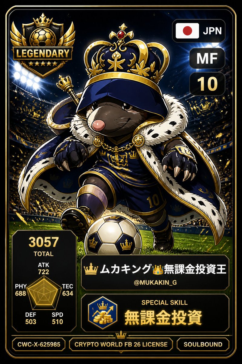 MUKAKIN_G's tweet photo. この俺はモグラになったぞ⚽️👑

「🇯🇵MF#10」なかなか悪くないではないか

スキル「無課金投資」って、何するのだ？w

#CryptoWorldFootball26 #FIFAWorldCup https://t.co/mcuUKq8lSQ
