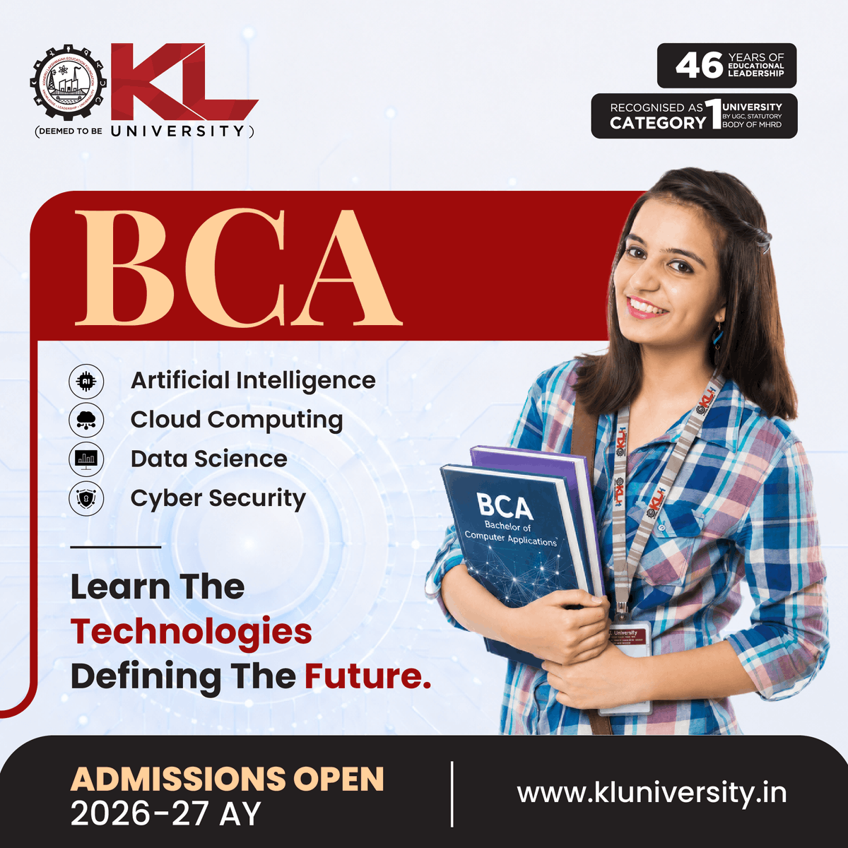 kluniversity's tweet photo. AI may be decades old, but its biggest breakthroughs are happening now.
🤖Build expertise in AI, Data Science, Cloud Computing & Cyber Security with BCA @ KLU and prepare for technologies shaping tomorrow.
🎓 Admissions Open 2026–27
📍 KLU
🔗 https://t.co/m05NrlMFlX
#BCA #KLU https://t.co/ln6QmAgHwq