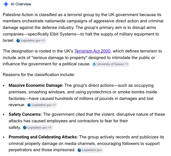 AnsamGroshong's tweet photo. @Nick_Wellings @technopopulist @AbubakerAbedW I believe because Palestine Action is considered a terrorist group in the UK.
I don't know enough about them but this is from Google. https://t.co/akTOMfpSgq