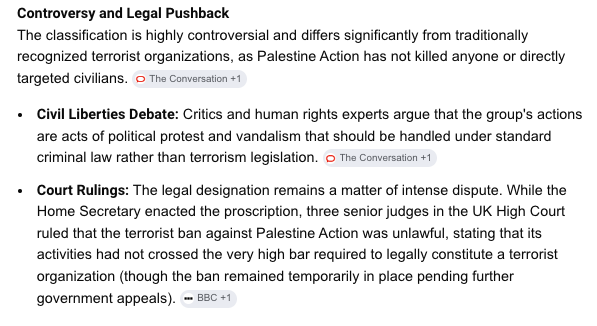 AnsamGroshong's tweet photo. @Nick_Wellings @technopopulist @AbubakerAbedW I believe because Palestine Action is considered a terrorist group in the UK.
I don't know enough about them but this is from Google. https://t.co/akTOMfpSgq