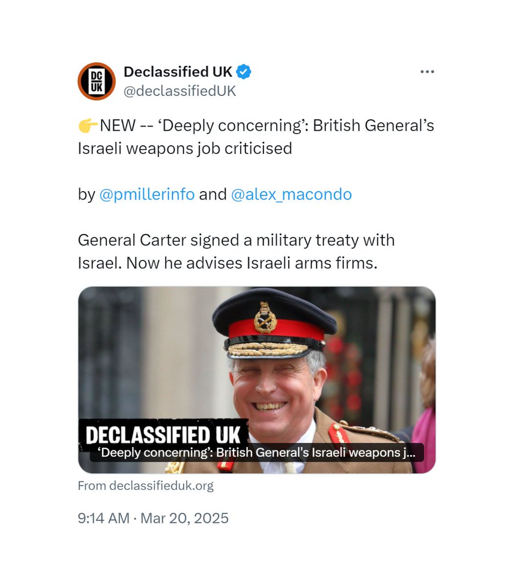 plutotlabarbie's tweet photo. That's General Sir Nick Carter, former head of the armed forces, and now adviser to Exigent Capital*, and strategic counsellor at the Tony Blair Institute.

* A "Jerusalem-based financial services firm that provides strategic consulting to Israeli defence companies". https://t.co/eAyWLFbGBO