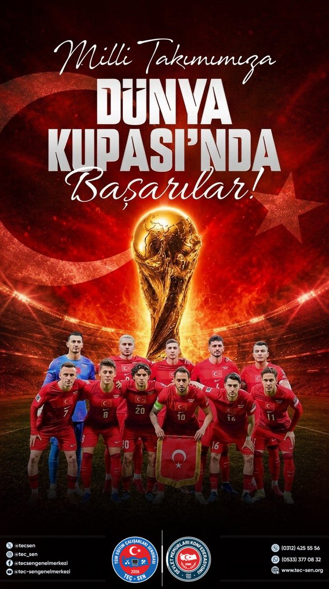 tecsen's tweet photo. Dünya Kupası Yolunda Başarılar Bizim Çocuklar

Ay-yıldızlı formayla sahaya çıkacak A Millî Takımımıza Dünya Kupası yolculuğunda başarılar diliyoruz.

Milletimizin ortak gururu olan Türk Millî Takımımızın; inançla, mücadeleyle ve birlik ruhuyla ülkemizi en iyi şekilde temsil edeceğine yürekten inanıyoruz.

Sahada ter döken tüm futbolcularımıza, teknik ekibimize ve bu büyük heyecana ortak olan milletimize başarılarla dolu bir turnuva diliyoruz.

Kalbimiz sizinle, dualarımız sizinle.

Başarılar Bizim Çocuklar!

#BizimÇocuklar  #AMilliTakım #TürkMilliTakımı #DünyaKupası