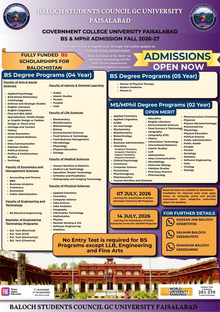 BSC_Fsd1's tweet photo. Baloch Students Council GCU Faisalabad
𝐀𝐝𝐦𝐢𝐬𝐬𝐢𝐨𝐧𝐬 𝐎𝐩𝐞𝐧 

Government College University Faisalabad

Apply now

https://t.co/FBlmGswXJg

Contact us:

*HASSAN JAN BALOCH*
*03168173726*
*SALMAN BALOCH*
*03330647073*
*SHAHZAIN BALOCH*
*03353349902 https://t.co/DSVEuf0RTz