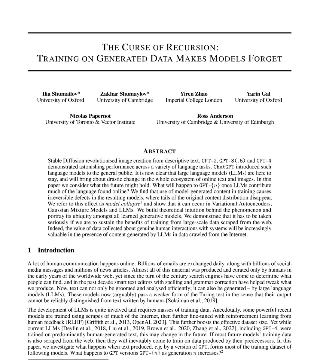 BrooksWhaleX's tweet photo. 🚨 THE INTERNET IS EATING ITSELF ALIVE. AI IS TRAINING ON AI. AND LOSING ITS MIND.

Oxford and Cambridge researchers just proved it in Nature. They call it Model Collapse.

Here is what is actually happening.

AI companies scrape the internet to train the next generation of models. But the internet is now flooded with AI-generated content. So the next generation trains on the output of the last one.

Each cycle, something gets lost. Not the average stuff. The weird stuff. The personal stuff. The things only a human would say at 2am on a forum nobody reads.

Researchers call these the tails of the distribution. The rare ideas. The unexpected takes. The things that made reading feel alive.

Those disappear first.

What survives is the average. The safe. The expected. The same six words rearranged forever.

Then the next model trains on that. And loses more.

Ross Anderson, one of the paper's authors, put it plainly. Large language models are like fire. Useful. But they pollute the environment.

The pollution is invisible. You cannot tell which sentence was written by a human. Neither can the AI about to train on it.

Model Collapse is not a technical glitch. It is a slow erasure of everything that made the internet feel like people actually lived on it.

Let me explain in detail🧵