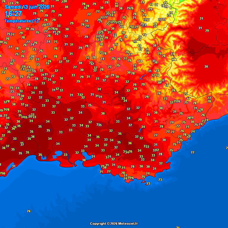 AdrienFour's tweet photo. Après une "relative fraîcheur" depuis le début du mois, les très fortes #chaleurs ont fait leur retour ce samedi 13 juin sur le pourtour méditerranéen, notamment sur le #Languedoc où les températures sont souvent comprises entre 35°C et 37°C.. Prudence ! https://t.co/Cev9W8i5mJ