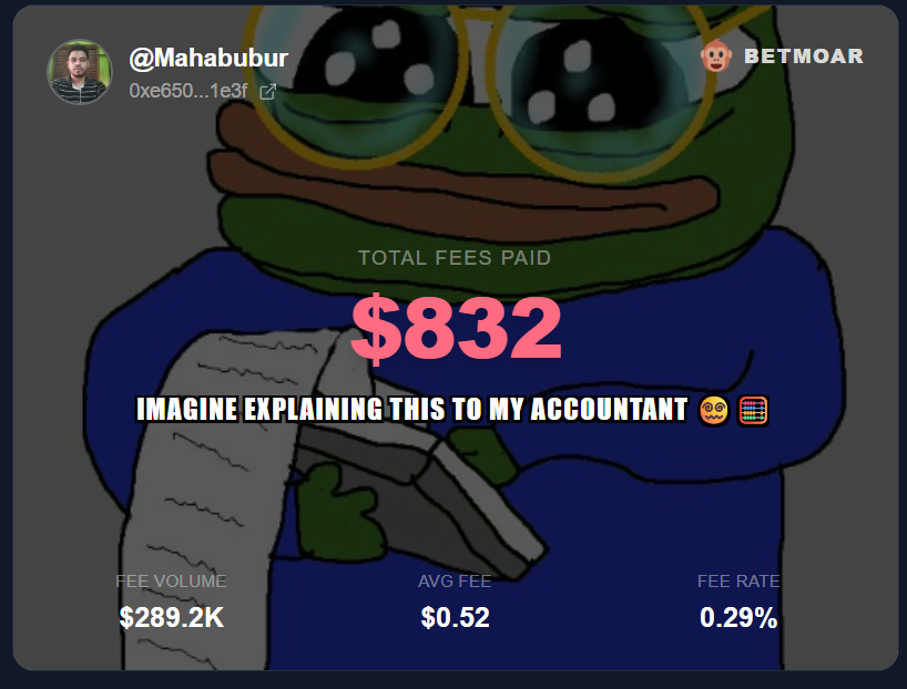 lavlu67's tweet photo. I've paid $832 in @Polymarket fees 🔥

Imagine explaining this to my accountant 😵‍💫🧮

Check your fee receipt: https://t.co/T1ftOA8Hng

NB - My fees on #polymarket trades has exceed $830+  

Screenshot yours below ---- https://t.co/LWQSSx0vYQ