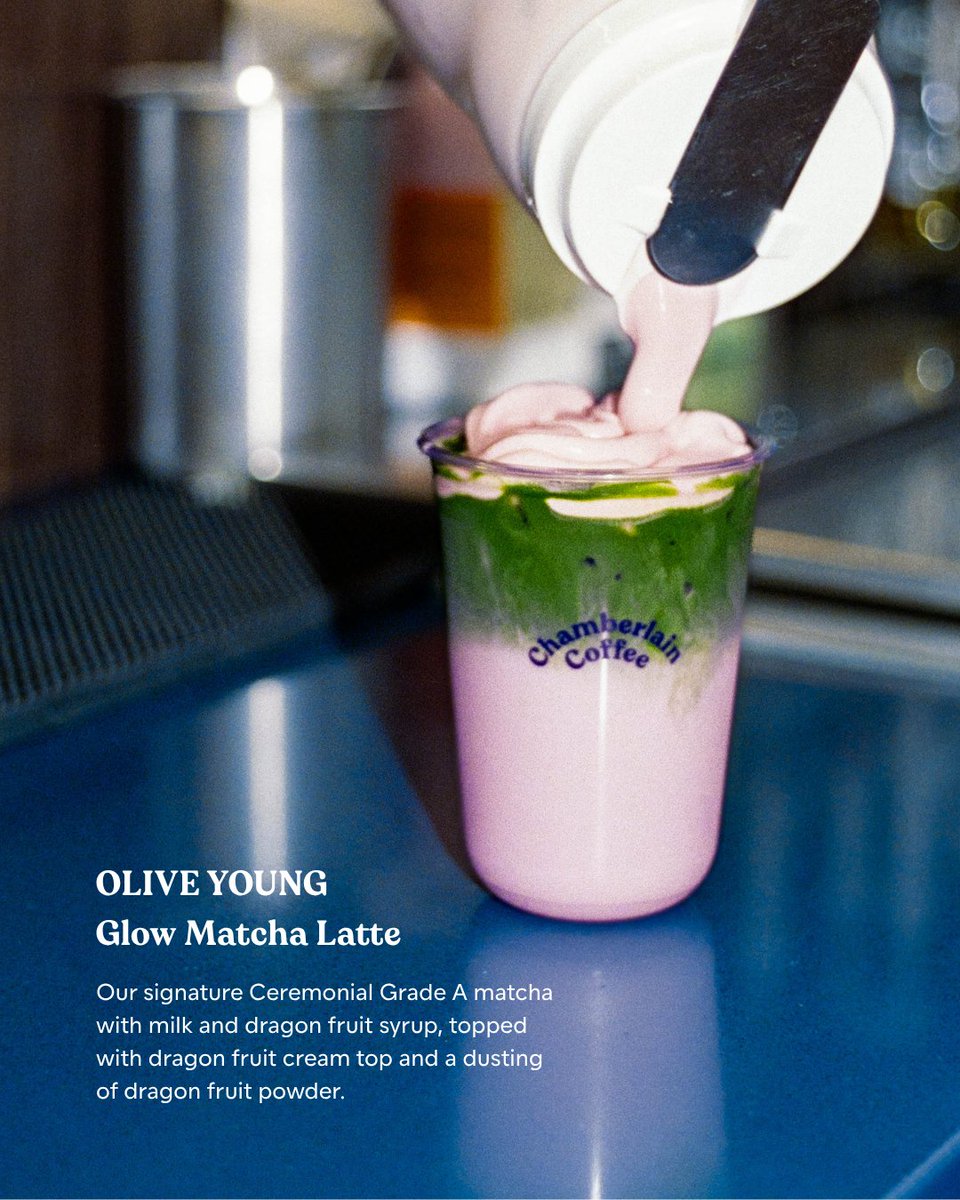 Chamberlaincof's tweet photo. Introducing our limited-edition Glow Matcha Latte, created in partnership with OLIVE YOUNG. Available exclusively at Chamberlain Coffee Westfield Century City until June 22. Customers who order will also receive a special Olive Young gift with purchase. 

*Vegan option available https://t.co/OKDxS5zofL