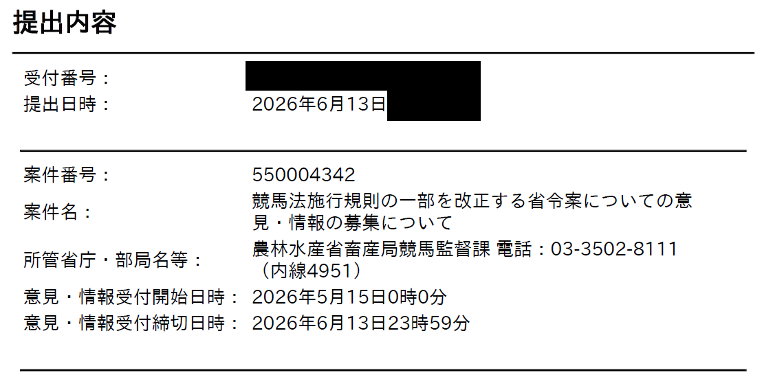 競馬法施行規則に関わるパブリックコメント 期限内に何とか提出でき