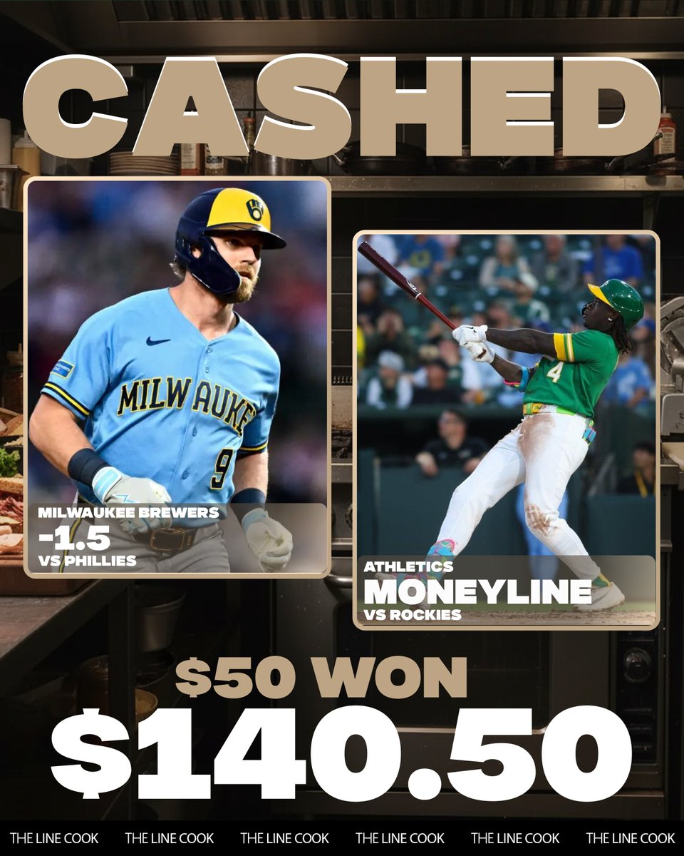 TheLineCookBets's tweet photo. 💰 BANG! CASH THAT MLB DOUBLE! 

The Brewers shut out the Phillies and the Athletics outlast the Rockies to win our +181 Double. 

Great way to go into the weekend.

Got a World Cup pick and NBA content on its way, Chefs! https://t.co/FZ0smCbTHG