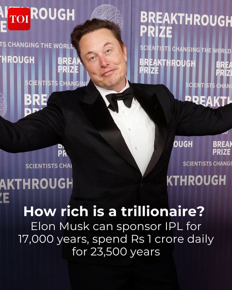 timesofindia's tweet photo. A million sounds huge. A billion sounds almost unimaginable. But a trillion is an entirely different scale.

The question has taken centre stage after #ElonMusk became the world's first #trillionaire, a milestone driven by soaring valuations of his companies, including #Tesla, #SpaceX and #xAI. 

Read to know more 🔗https://t.co/s3bYzUR6Ov

Stay informed, stay ahead – download the TOI app today 👉 https://t.co/ogFaRsVinV