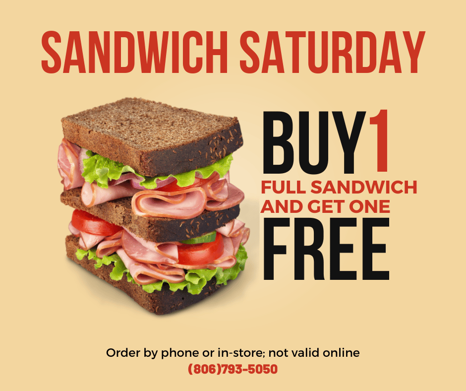 HoneyHamLBK's tweet photo. Saturdays are for sandwiches and seconds 🥪 Buy one full sandwich and get one FREE 
Order by phone (806-793-5050) or in store; not valid online 
Valid on Saturdays only for a limited time https://t.co/07N3nrXK6o