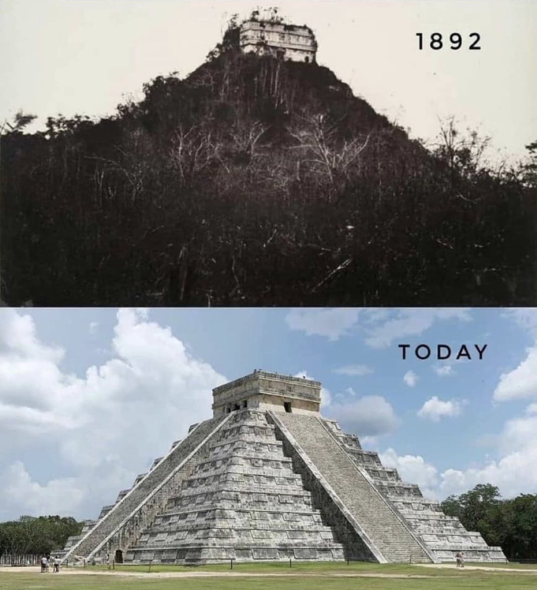 BrianRoemmele's tweet photo. Chichen-Itza before and after it was “discovered”.

“It appears to be a small crude stone structure on a hill of no significance”—Research Scientist, 1892 https://t.co/3XbLRHvgOZ