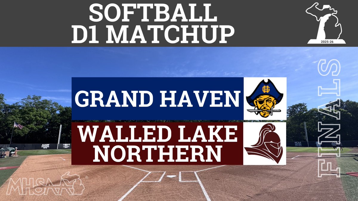 MHSAA's tweet photo. 🥎NOW PLAYING: D1 SOFTBALL FINAL >> 
Grand Haven vs Walled Lake Northern
👀Program: https://t.co/pLZjNMzjim 
🎟️Tickets: https://t.co/yYoJNxkQTd 
📺LIVE Stream: https://t.co/aIhZLtu9VV
#softball #Finals #GoodLuck #GrandHaven #WalledLakeNorthern #MHSAA https://t.co/uA4YaMbs1K
