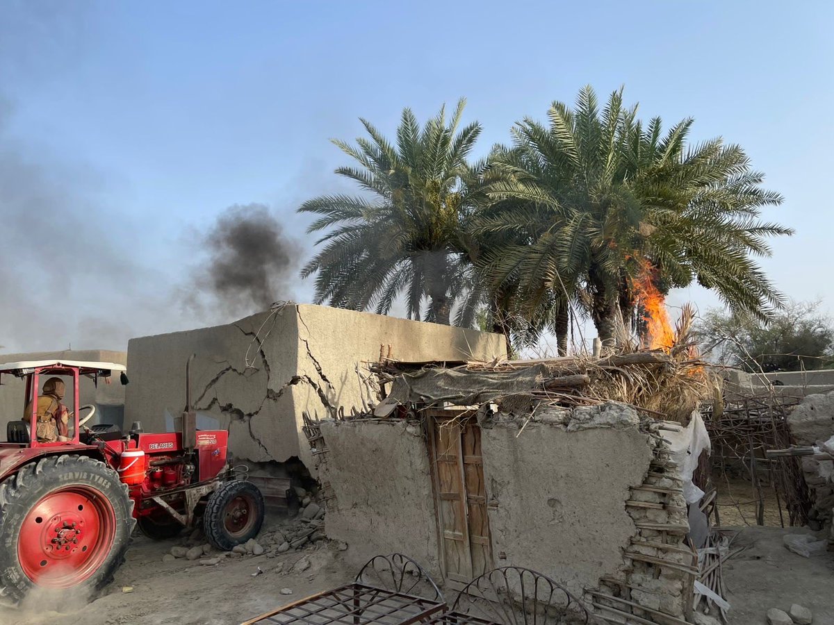 IlyasAnwar5's tweet photo. The cruel state of Pakistan along with its death squads bulldozed homes in Tump, their motive is to economically cripple Baloch people, soldiers looted homes then burned them down, this is collective punishment against civilians, How much more destruction will this rogue army cause? 
#StopBalochGenocide