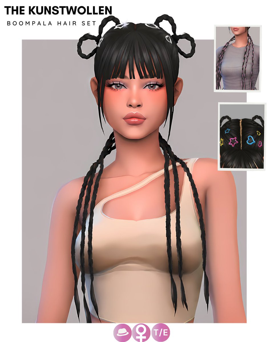 The_Kunstwollen's tweet photo. Boompala hair set is out now on my Patreon💕

This hair comes with 3 accessories and coloured braids option✨️

Inspired by @le_sserafim 

#sims4cc #sims4hair #maxismatch #boompala #sims4kpop https://t.co/4qKdHVTkmN