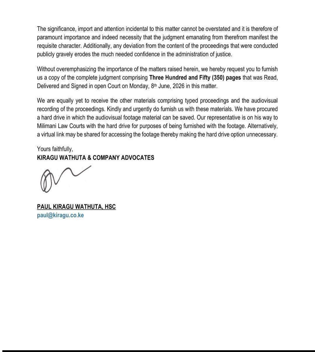 OduorACaroline's tweet photo. The Judiciary derives its authority not only from the Constitution, but also from public confidence in the administration of justice.

If, during the delivery of H.E. Rigathi Gachagua's impeachment judgment, the Court indicated that it was delivering a 350-page judgment, yet parties were subsequently served with a 286-page version, the discrepancy naturally raises questions.

What accounts for the missing 64 pages? Was there an error, a revision, or something else entirely?

These are not questions of politics. They are questions of accountability, transparency, and procedural integrity. Where uncertainty arises in matters of such significant public interest, clarity is the surest way to safeguard confidence in our institutions.