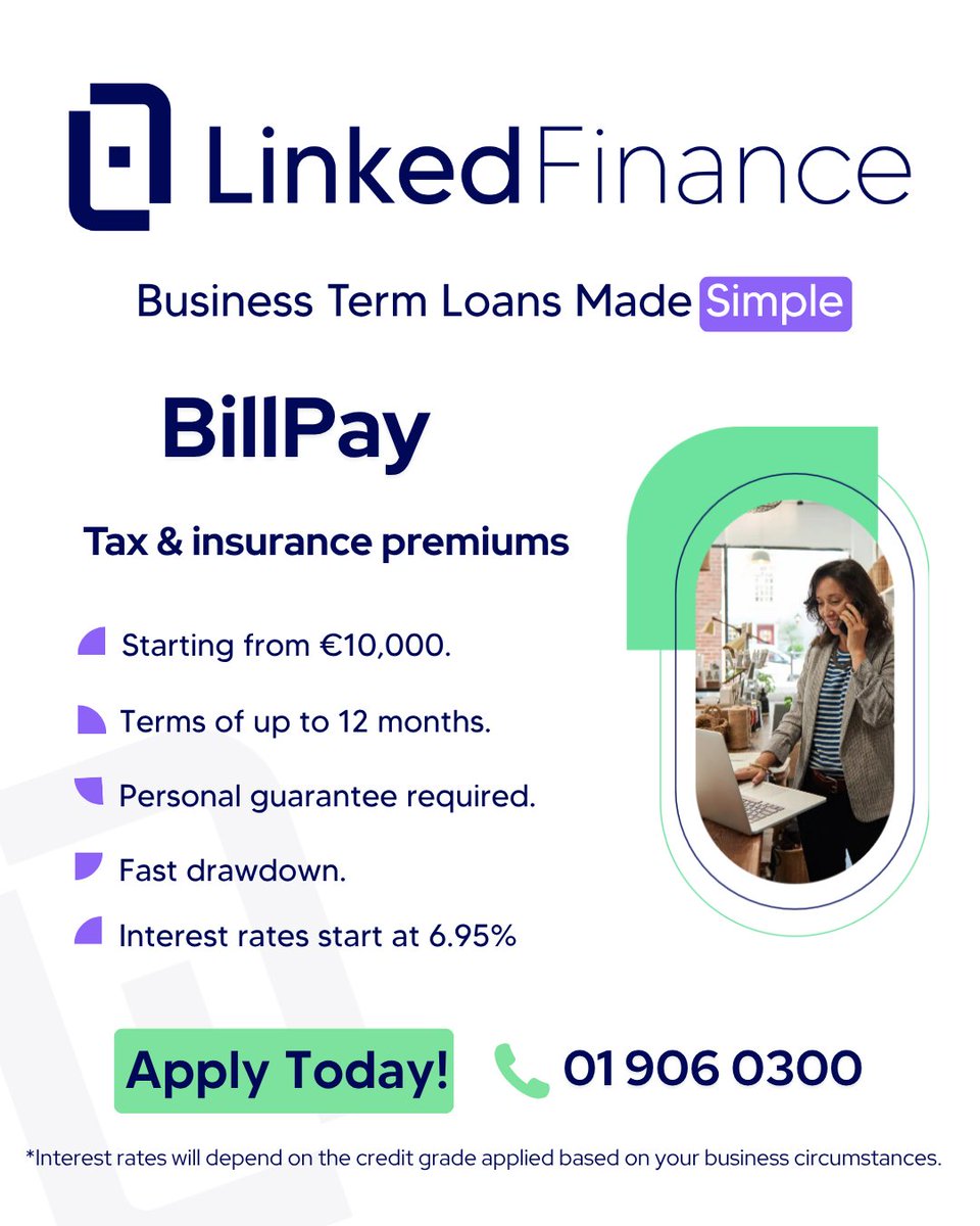 LinkedFinance's tweet photo. Streamline your business's bill payments with BillPay today!

Starting from €10,000
24 hour loan application process
Fast drawdown

Apply today on 📞 01 906 0300 or on our website at https://t.co/7YMhOn1avI

#BusinessFinance #SMEFunding #BusinessLoans #GrowthCapital #Billpay https://t.co/yAvV15E2wX