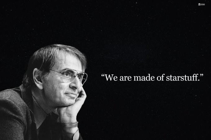 PhysInHistory's tweet photo. The nitrogen in our DNA, the calcium in our teeth, the iron in our blood, the carbon in our apple pies were made in the interiors of collapsing stars. We are made of starstuff. 

 - Dr. Carl Sagan https://t.co/oaGchpTm6V