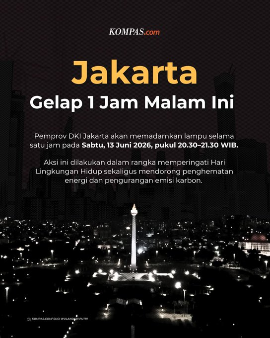 karirfess's tweet photo. BREAKING: Jakarta akan memadamkan lampu selama satu jam pada Sabtu, 13 Juni 2026, pukul 20.30–21.30 WIB. https://t.co/YypTTPSlb8