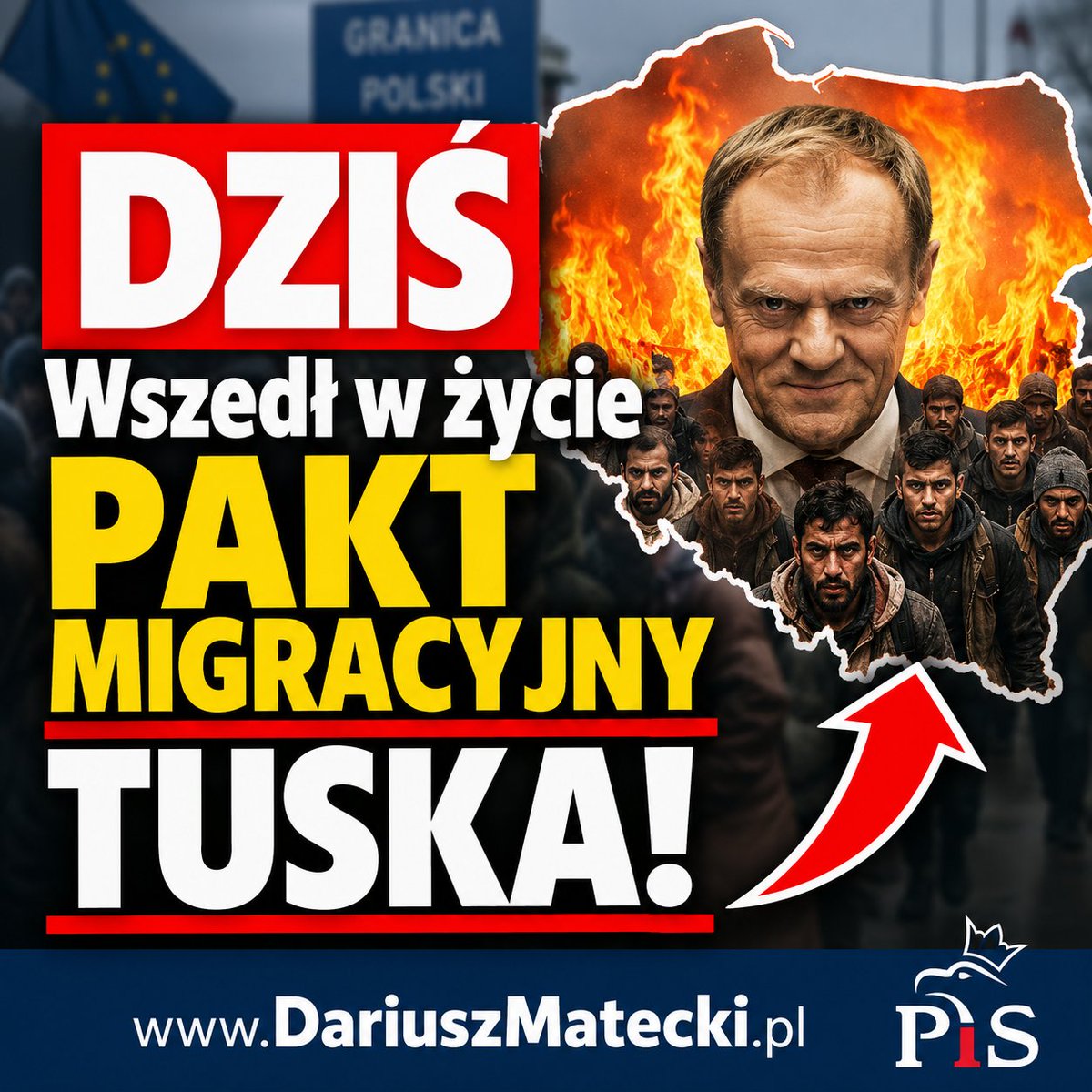 DariuszMatecki's tweet photo. To jest ten dzień. Koniec złudzeń. Dokładnie dzisiaj wchodzi w życie unijny Pakt Migracyjny! 🇪🇺⚠️ To, przed czym ostrzegaliśmy od miesięcy, staje się faktem na naszych oczach. Rząd Tuska próbuje mydlić ludziom oczy i rzuca hasła o rzekomych zwolnieniach, ale rzeczywistość jest bezwzględna: mechanizm został uruchomiony, a Bruksela zyskuje potężne narzędzie nacisku na suwerenne państwa.

Nie pozwólmy na to, aby o bezpieczeństwie naszych rodzin decydowali zagraniczni urzędnicy! Musimy głośno i zdecydowanie postawić tamę tej polityce obcych interesów. Jako Prawo i Sprawiedliwości obiecujemy wypowiedzieć Pakt Migracyjny po przepędzeniu bandy Tuska! Już raz w 2015 roku to zrobiliśmy!