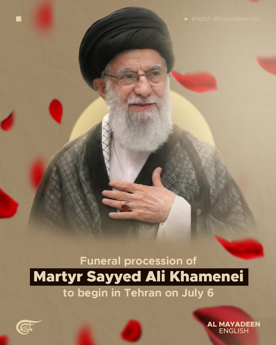 MayadeenEnglish's tweet photo. The Office for the Preservation and Publication of the Works of the Martyred Leader Sayyed Ali Khamenei announced the official schedule for the funeral ceremonies of the martyred Leader and his family members, stating that the funeral ceremony will be held on July 6 in #Tehran.

According to the arrangements, a farewell gathering for the body will take place on July 4-5 at the Grand Mosalla of Tehran, followed by the funeral procession in the capital on Monday, July 6.

The statement added that on July 7, the procession will continue in the city of #Qom, before concluding with the final funeral and burial ceremony in #Mashhad on July 9, marking a multi-day national commemoration across several major Iranian cities.

#Iran