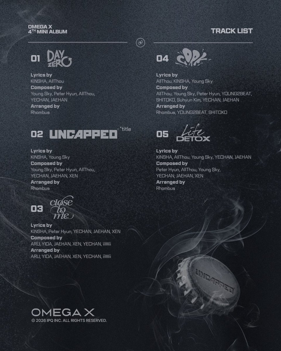 OmegaX_official's tweet photo. OMEGA X (오메가엑스) 
4th Mini Album [𝑼𝑵𝑪𝑨𝑷𝑷𝑬𝑫]

🍾 Tracklist

➫ 2026.06.19 00:00 (KST)

#OMEGA_X #오메가엑스 
#UNCAPPED #언캡트 https://t.co/hjApz1Wn4i