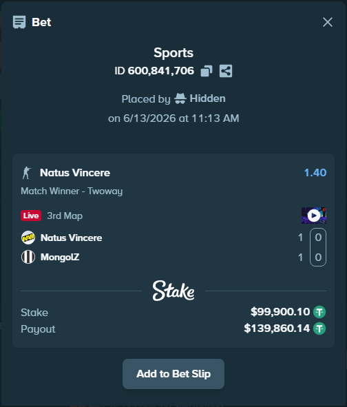 OnlyHighRoll's tweet photo. $99,900.10 placed on: 
🎮 Natus Vincere - MongolZ

Track here https://t.co/l31HxCqnfO https://t.co/wbV0aIOX9N