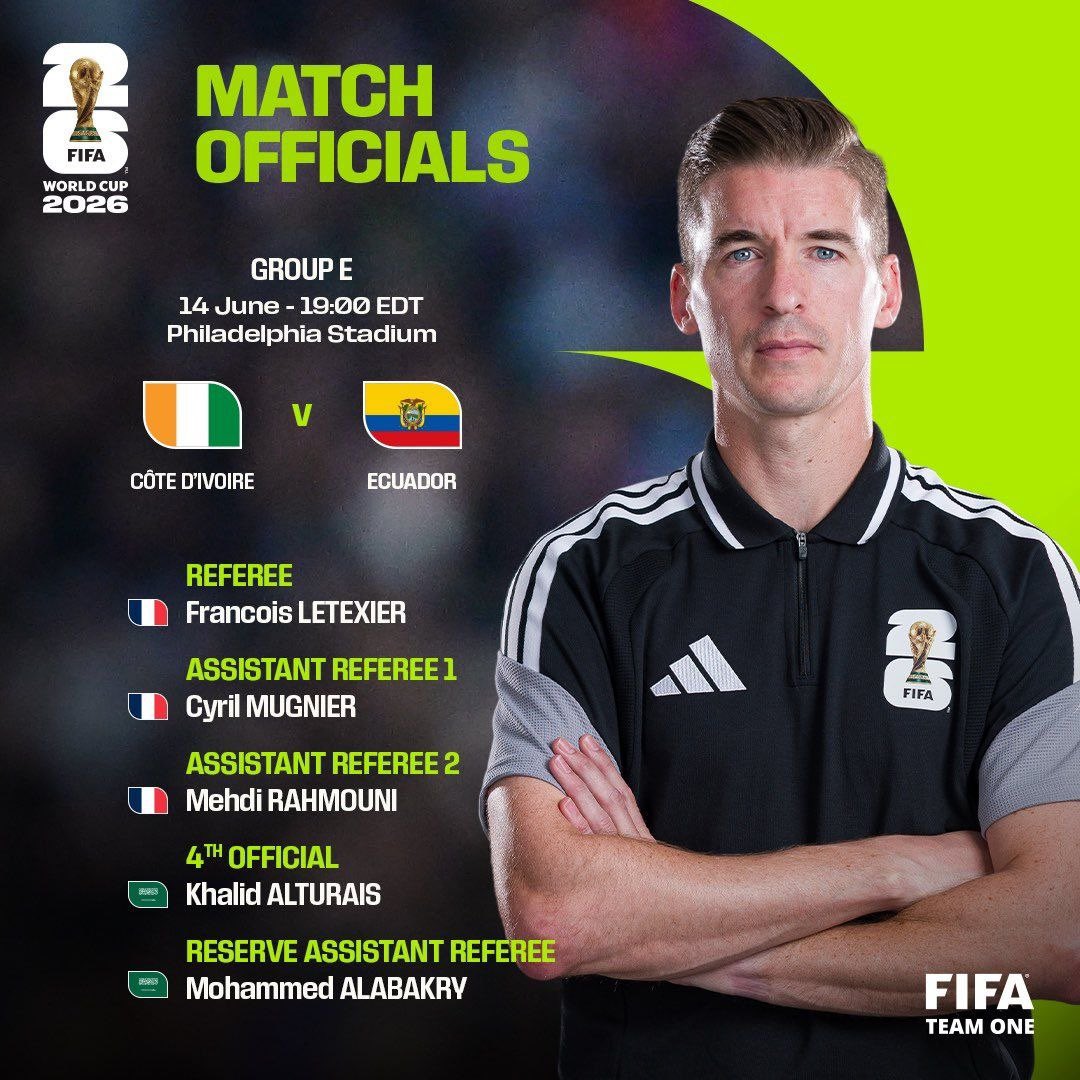 ith3sham's tweet photo. 🚨🚨🚨🌍 • الدولي المغربي/جلال جيد حكماً لمواجهة ألمانيا × كوراساو. 🇩🇪🇨🇼

• الدولي الأمريكي/إسماعيل الفتح حكماً لمواجهة هولندا × اليابان. 🇳🇱🇯🇵

• الدولي الفرنسي/فرانسوا ليتكسير حكماً لمواجهة كوت ديفوار × الإكوادور. 🇨🇮🇪🇨

• الدولي الأرجنتيني/يائيل فالكون بيريز حكماً لمواجهة السويد × تونس.🇸🇪🇹🇳