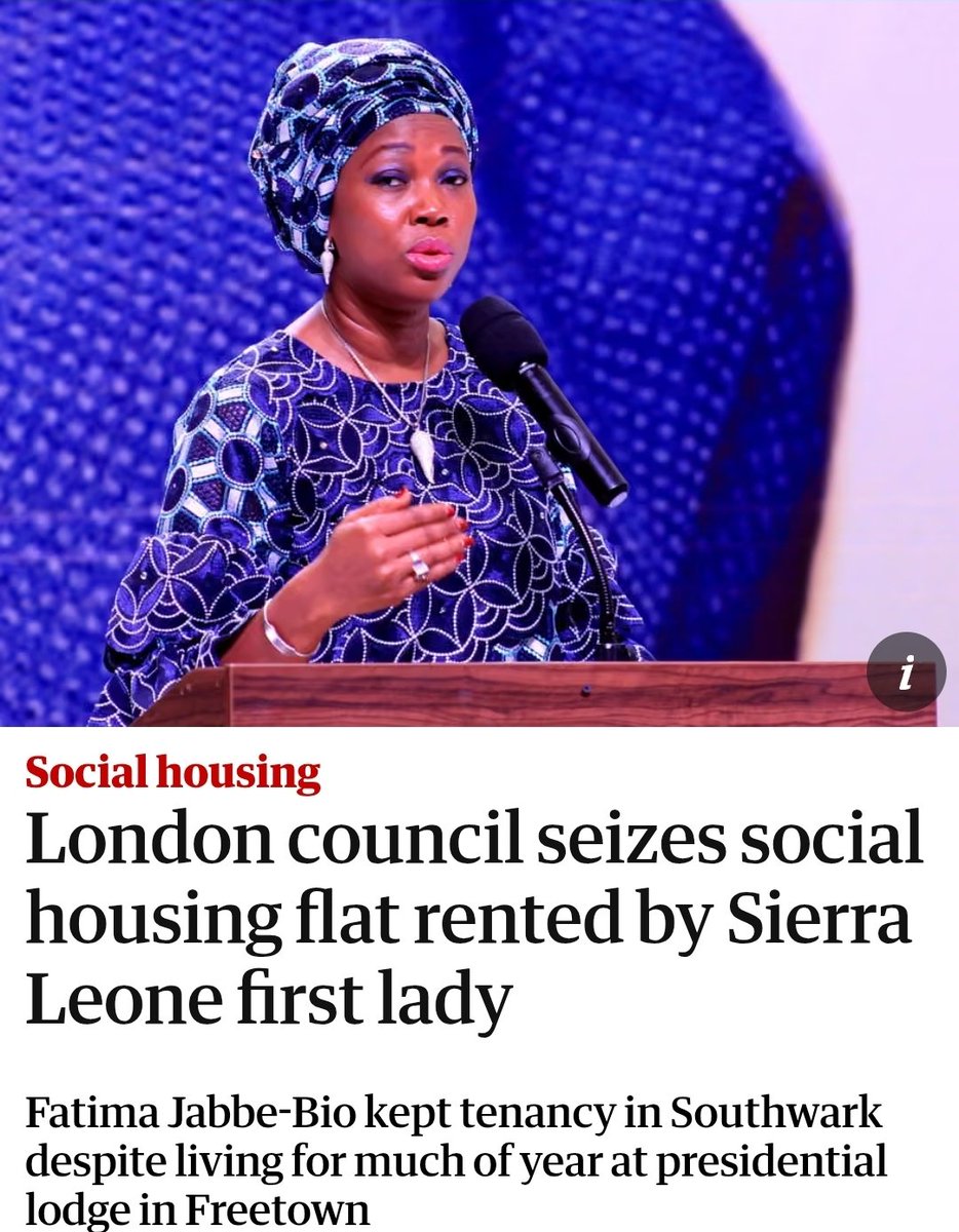 SuzieD755164's tweet photo. You couldn't make this up! 😐
Sierra Leone's First Lady who ordinarily lives in a Presidential Palace in... wait for it...FREETOWN...was scamming a flat from London County Council and was using it as her personal holiday home residence. She should be in jail. https://t.co/vEPaz0VYrp