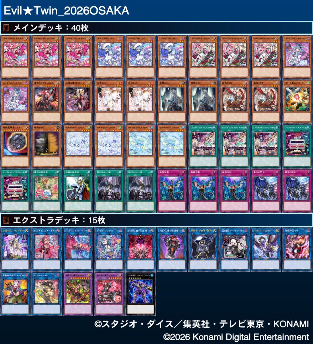 SilkyFrag's tweet photo. YCSJ OSAKA 2026
使用デッキ:イビルツイン

エルフェンノーツ 先◯
烙印 先◯
PUNK 先×
トゥーン 先◯
キラーチューン 先×

右手ビカビカでじゃんけん無敗だったけど3-2でトークン届かず！ぐやじい！
プレミしまくりで悔いも多いけど対面良い人ばっかで楽しかった！ https://t.co/4KuR3FFJgw