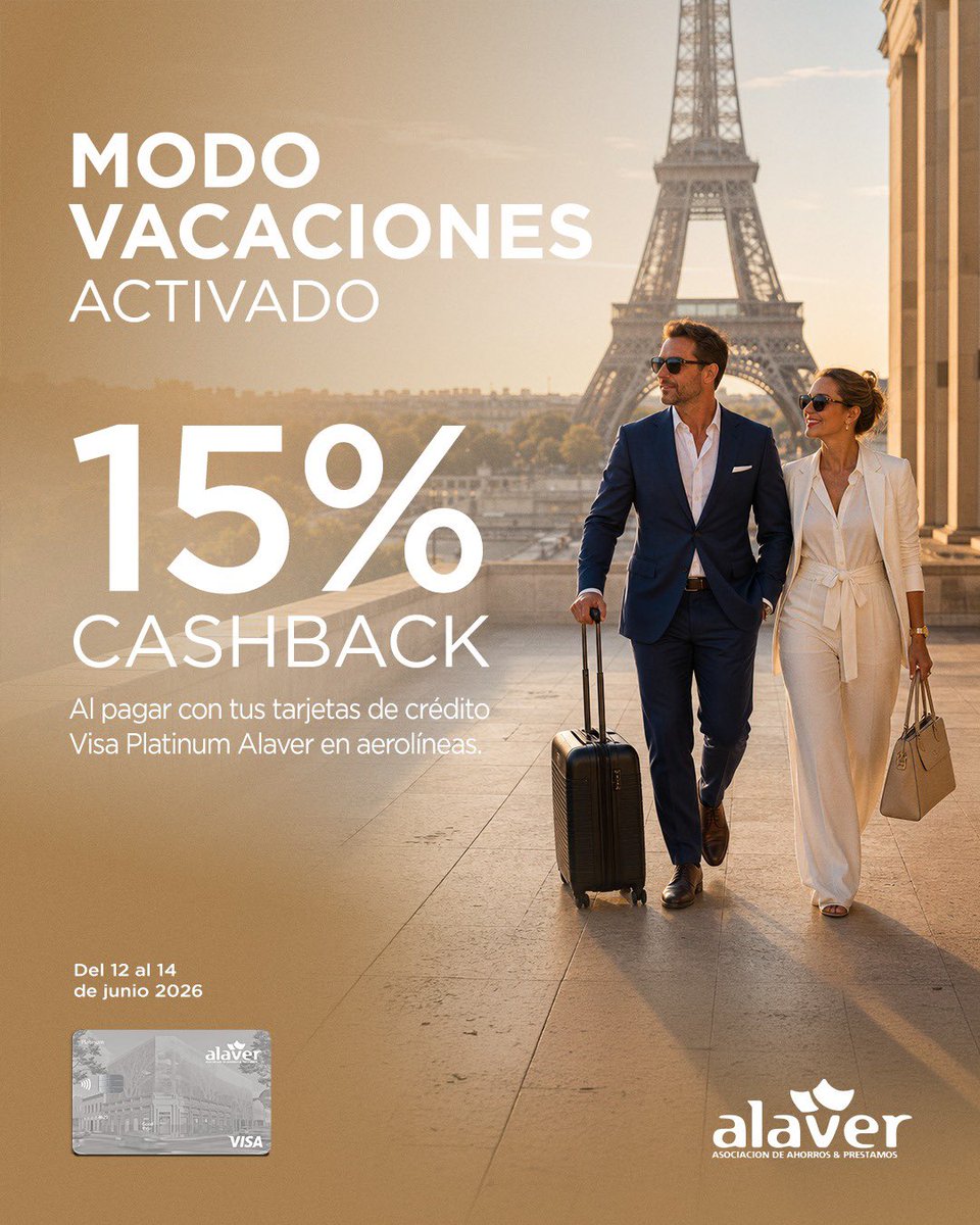 alaverRD's tweet photo. Modo vacaciones activado! 🧳✈️ ¿Ya tienes destino para tu próxima escapada?

Del 12 al 14 de junio, tu tarjeta de crédito Alaver Platinum es tu mejor compañero de viaje. Recibe un 15% de Cash Back al reservar en la aerolínea de tu elección.

💳Condiciones de la promoción:
✅Consumo mínimo: USD 300.00 por transacción.
✅Tope de devolución: USD 100.00 por tarjeta.

La devolución se aplicará en dólares americanos dentro de los 30 días posteriores a la promoción. 

Más información: https://t.co/g1vjEMyQYh

#TarjetasAlaver #ModoVacaciones #Cashback #ViajaInteligente