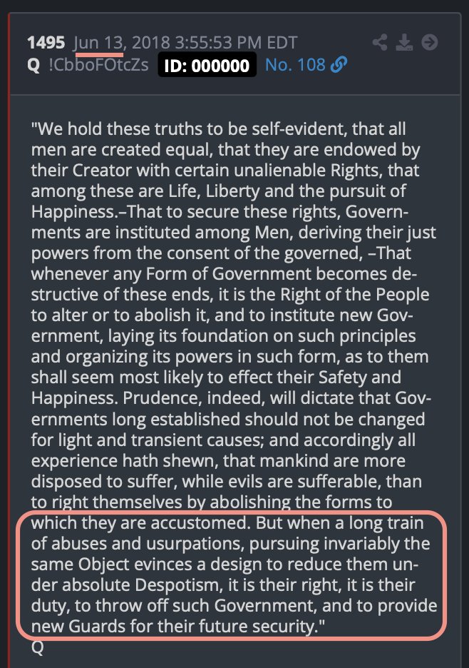 asonflower's tweet photo. Q Drop #1495 back 
in focus on the cusp of:
June 14, which marks—
• President Trump’s 80th
• The U.S. Army’s birthday
• Flag Day
• UFC Fight Night w/4,300 seats, heavily attended by military & patriots.

4300  seats > 43 > 34 
Q 34: “My fellow Americans…we are taking back our great country…from the evil tyrants that wish to do us harm...”

The Founders were clear: Governments exist to secure our God-given rights. When they become destructive of that purpose through a long train of abuses, it’s the right  and duty of the people to throw off such government and institute new safeguards.

The Republic is worth fighting for. 🇺🇸