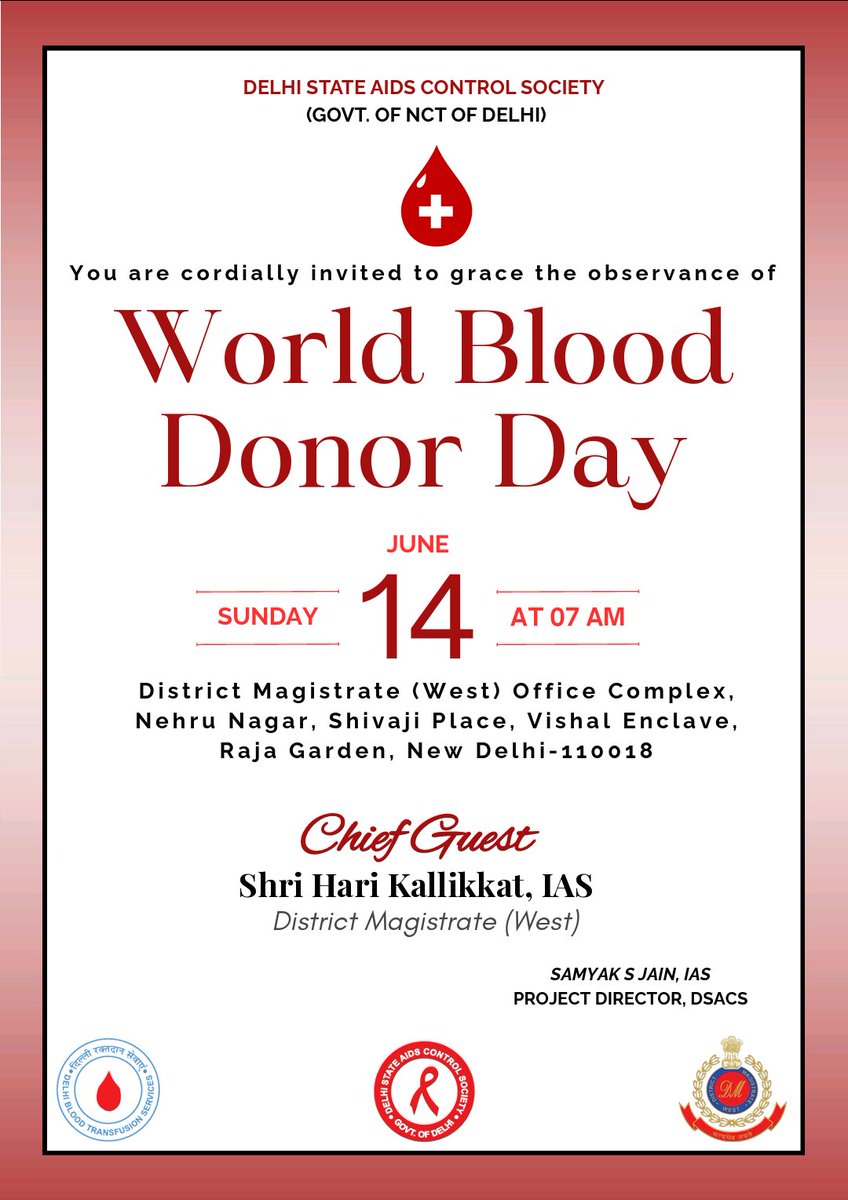 SACSDelhi's tweet photo. Join us for the Walkathon and Voluntary Blood Donation Camp tomorrow on the occasion of World Blood Donor Day

#WorldBloodDonorDay #BloodDonation #Volunteer #Walkathon #NACO #DSACS #DBTS #DM #Delhi #BloodDonor #SaveLives #Humanity #BloodDonor https://t.co/6NaVuEVKwv